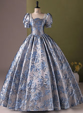 Blue Short Sleee Print Pearls Quinceanera Dress